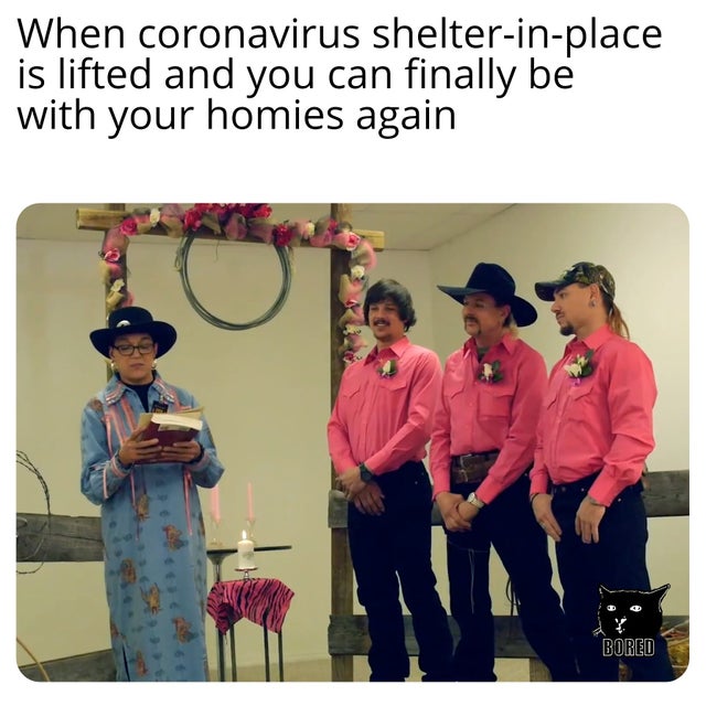 tiger king - meme - human behavior - When coronavirus shelterinplace is lifted and you can finally be with your homies again Bored