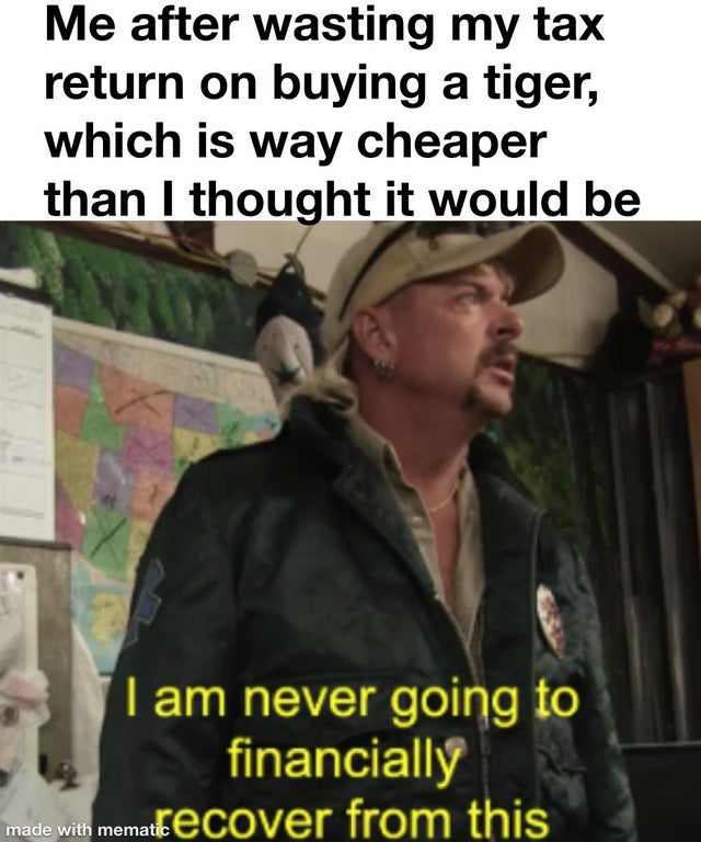 tiger king - meme - walo bertschinger - Me after wasting my tax return on buying a tiger, which is way cheaper than I thought it would be I am never going to financially made with mematte cover from this