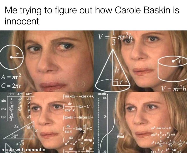 tiger king - meme - calculating meme - Me trying to figure out how Carole Baskin is innocent V rah A 7er C 2tr V trh sin xdx Cosx tan 8 10, tgx C, I Usa Ugo Ninas Cos figxdx Incosx 2x60 Int C 2bxc0 el 20 300 XV3 arcto made with mematic DAbc.0