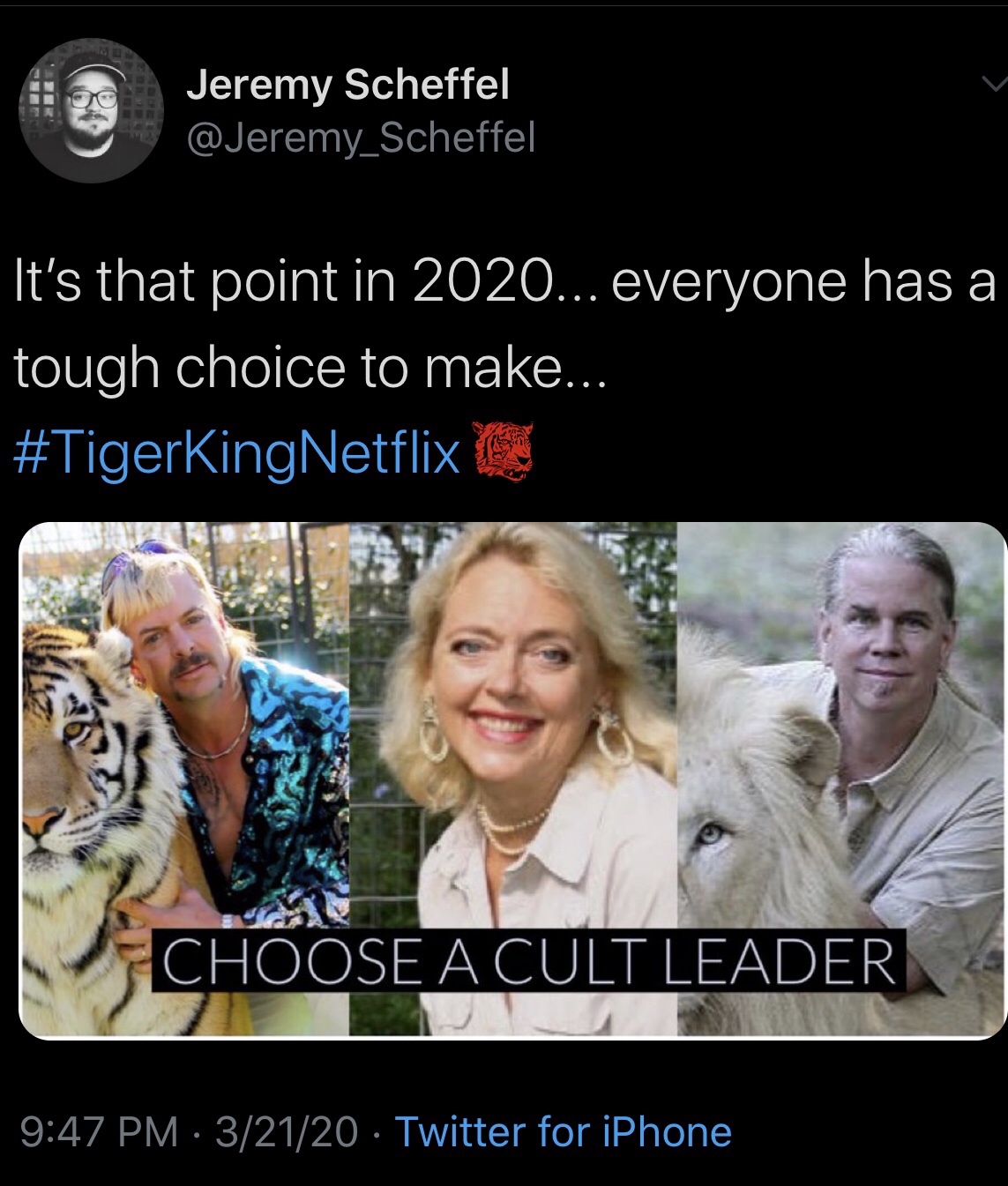 tiger-king-memes-photo caption - Jeremy Scheffel It's that point in 2020... everyone has a tough choice to make... Choose A Cult Leader 32120 Twitter for iPhone