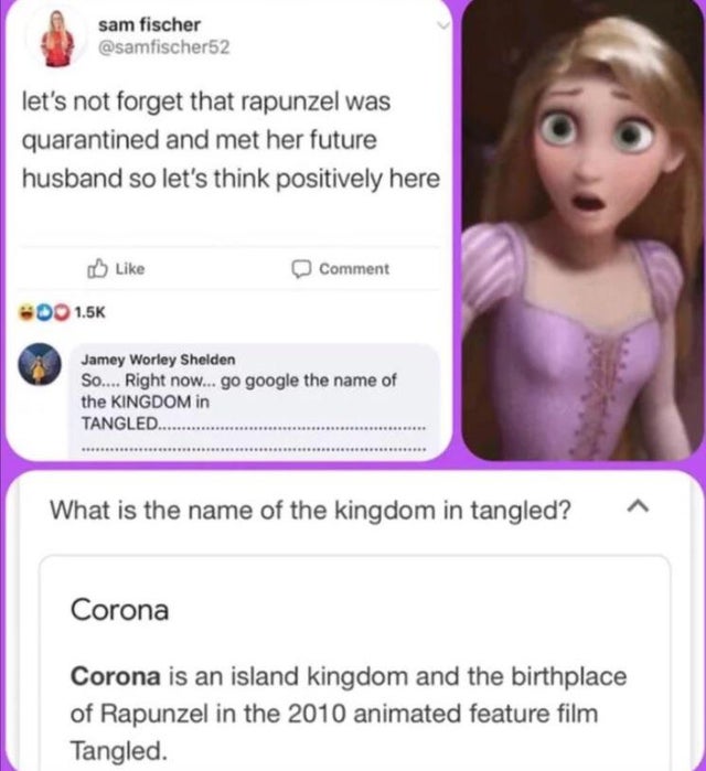 name of kingdom in tangled - sam fischer let's not forget that rapunzel was quarantined and met her future husband so let's think positively here Comment Oo Jamey Worley Shelden So.... Right now... go google the name of the Kingdom in Tangled.......... Wh