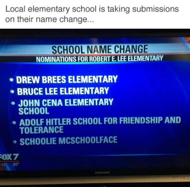 multimedia - Local elementary school is taking submissions on their name change... School Name Change Nominations For Robert E. Lee Elementary Drew Brees Elementary Bruce Lee Elementary John Cena Elementary School Adolf Hitler School For Friendship And To