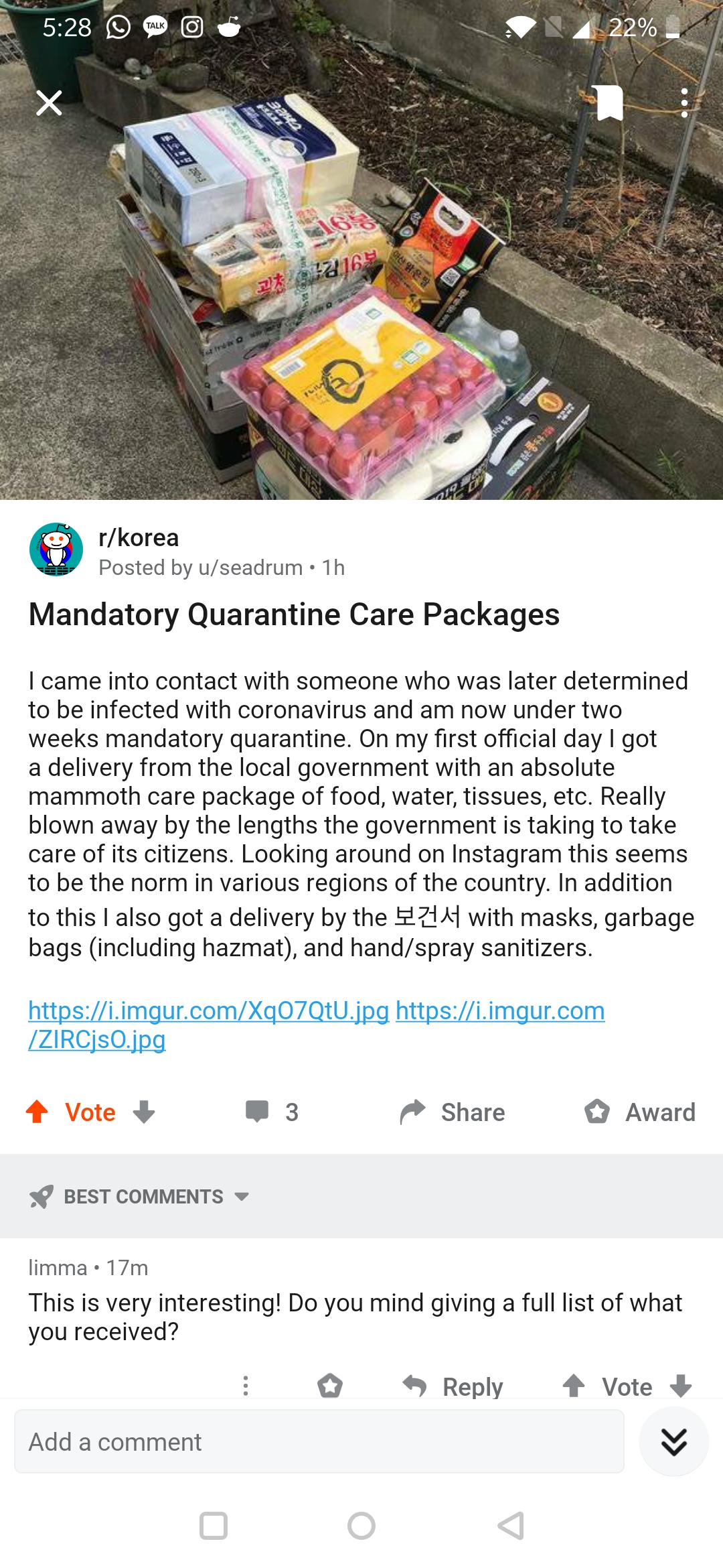 website - . tkorea Posted by drum.th Mandatory Quarantine Care Packages I came into contact with someone who was later determined to be infected with coronavirus and am now under two weeks mandatory quarantine. On my first official day I got 8 delivery fr