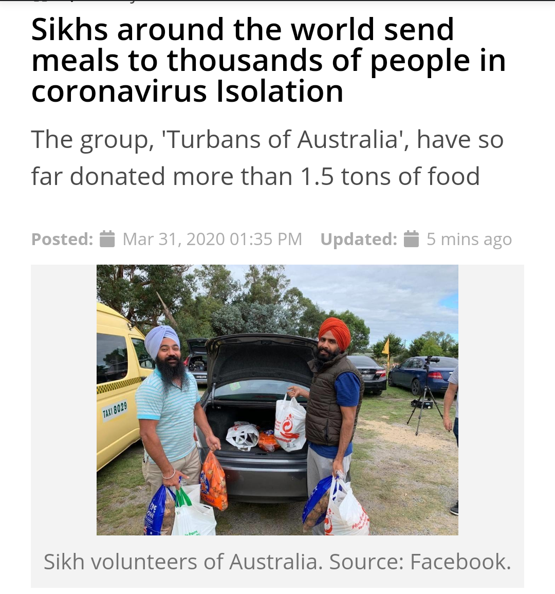 vehicle - Sikhs around the world send meals to thousands of people in coronavirus Isolation The group, 'Turbans of Australia', have so far donated more than 1.5 tons of food Posted Updated 5 mins ago Sikh volunteers of Australia. Source Facebook