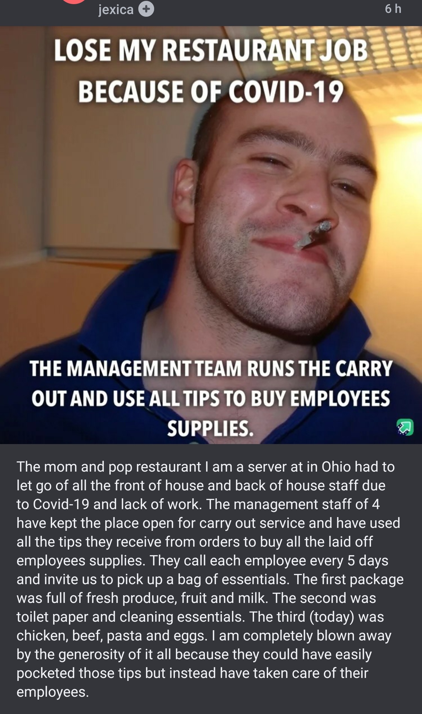 photo caption - 5h jexica Lose My Restaurantjob Because Of Covid19 The Management Team Runs The Carry Out And Use All Tips To Buy Employees Supplies. The mom and pop restaurant I am a server at in Ohio had to let go of all the front of house and back of h