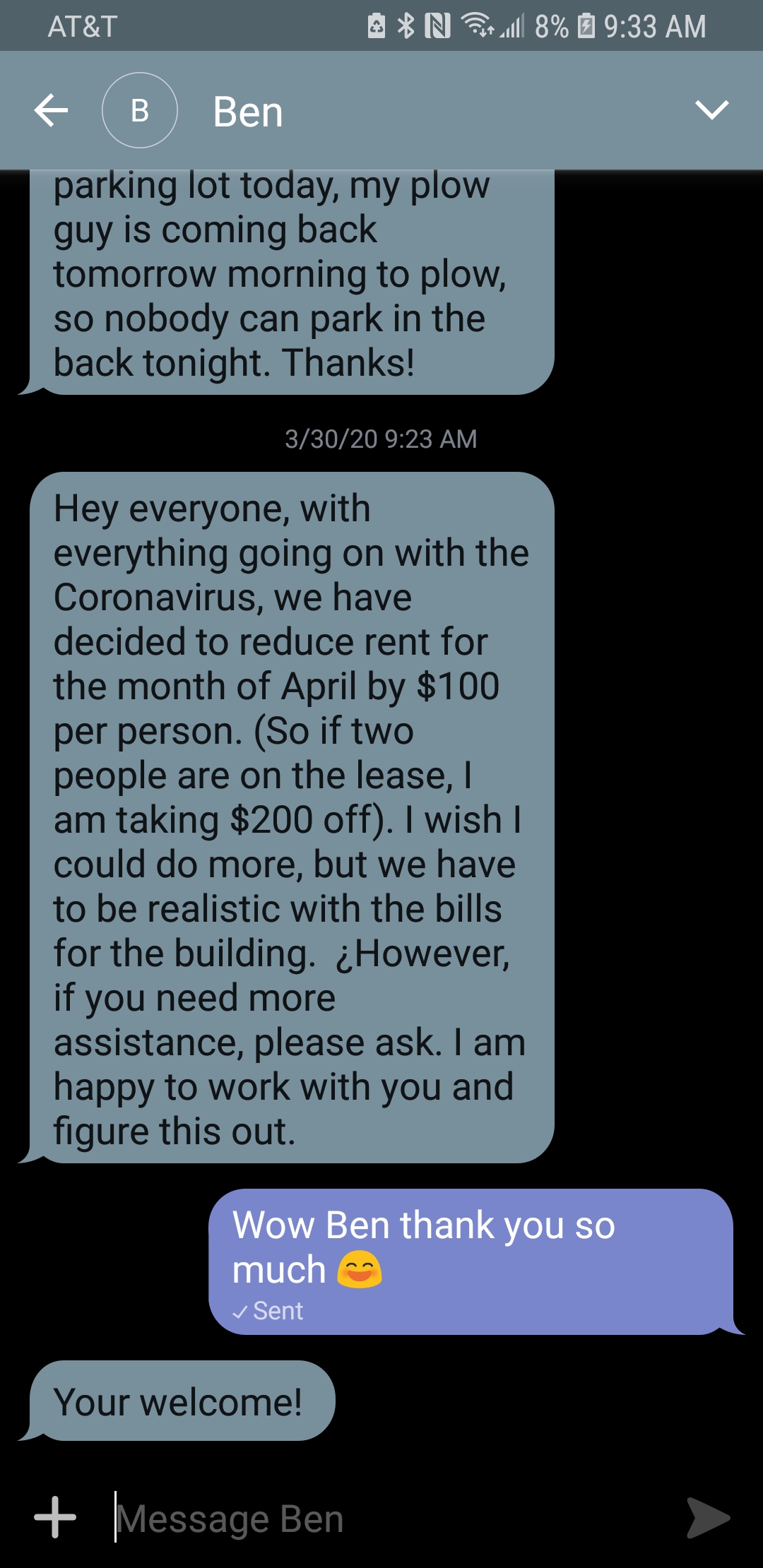 screenshot - At&T Osns 8% B Ben parking lot today, my plow guy is coming back tomorrow morning to plow, so nobody can park in the back tonight. Thanks! 33020 Hey everyone, with everything going on with the Coronavirus, we have decided to reduce rent for t