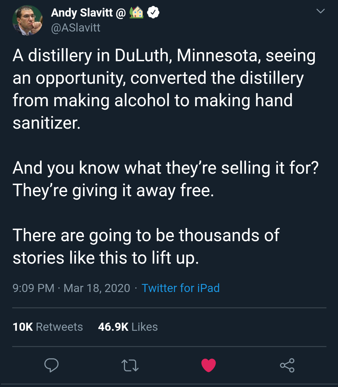 screenshot - Andy Slavitt @ A A distillery in DuLuth, Minnesota, seeing an opportunity, converted the distillery from making alcohol to making hand sanitizer. And you know what they're selling it for? They're giving it away free. There are going to be tho