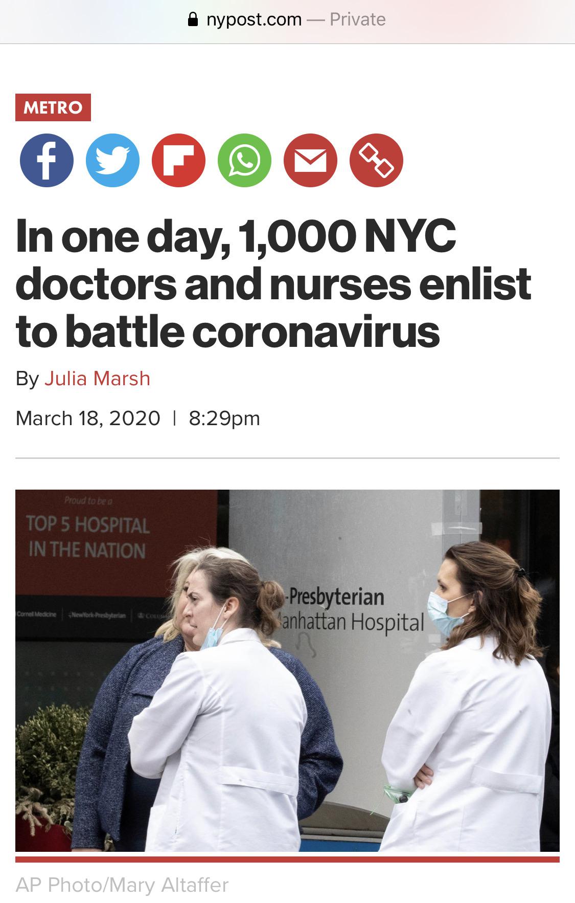 conversation - nypost.com Private Metro In one day, 1,000 Nyc doctors and nurses enlist to battle coronavirus By Julia Marsh | pm Proud to be Top 5 Hospital In The Nation Cornet Mediche Mewtork Presbyterias e Comu Presbyterian anhattan Hospital Ap PhotoMa