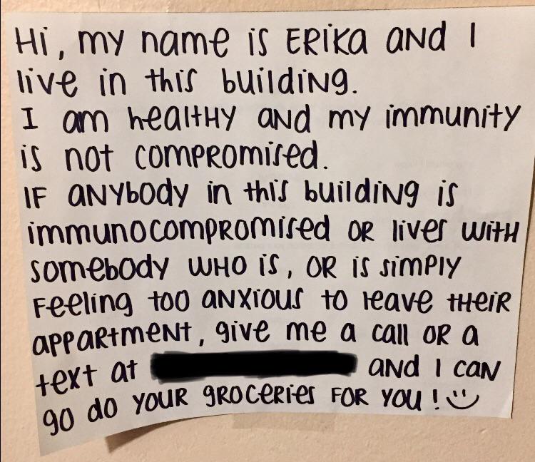 handwriting - Hi, my name is Erika and I live in this building. I am healthy and my immunity is not compromised. If ANYbody in this building is immunoCOMPromised or liver with somebody Who Is, Or is simply Feeling too anxious to leave their Appartment, gi