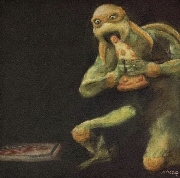 painting - Teenage Mutant Ninja Turtle eating pizza and painted to look like Francisco Goya painting Satan Devouring His Son