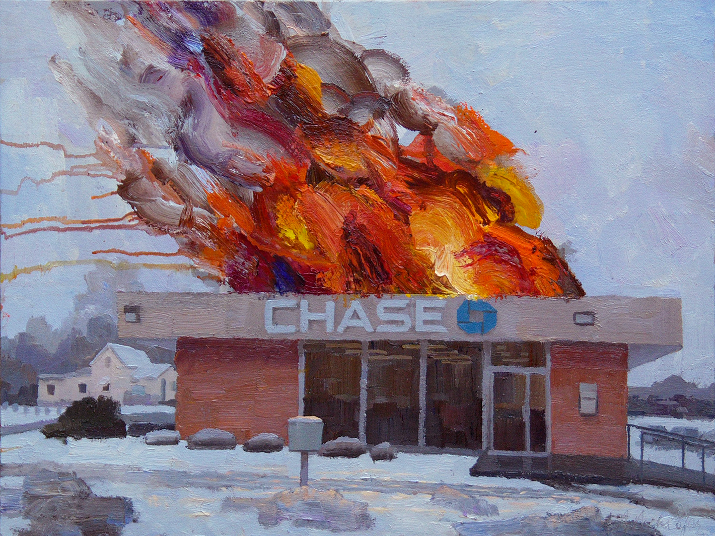 chase bank on fire painting