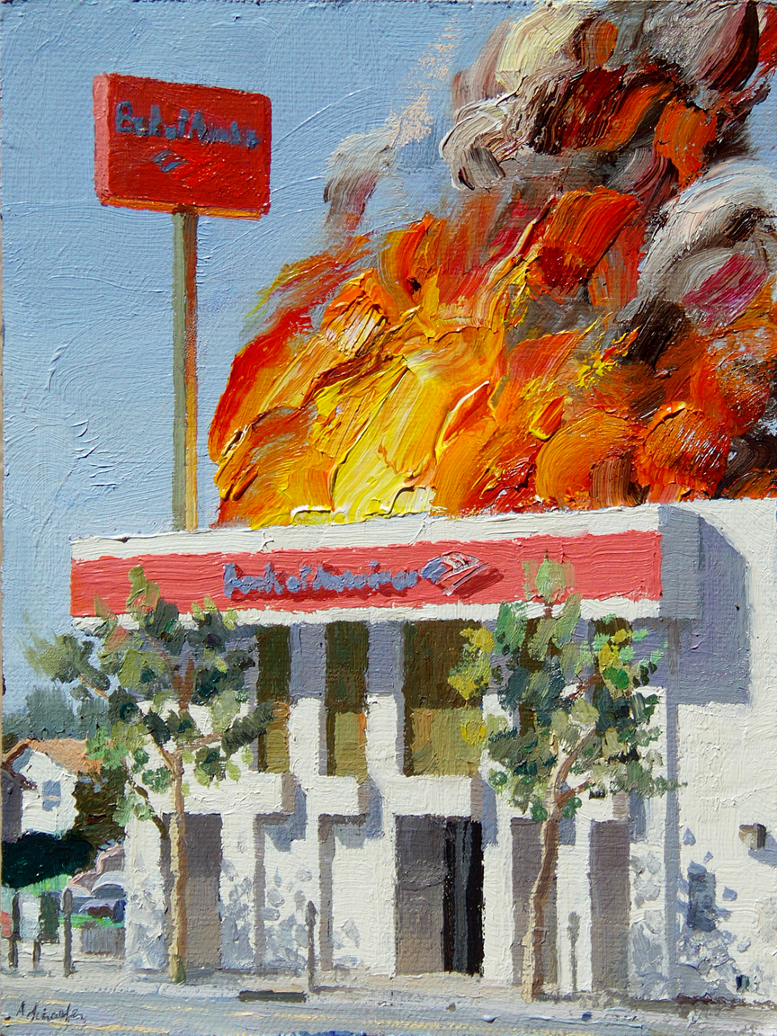 bank of america on fire painting