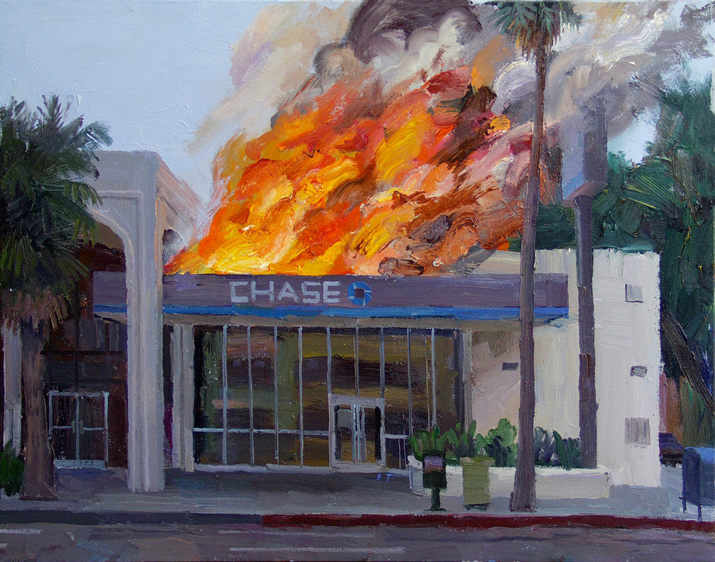 chase bank on fire painting - Chase