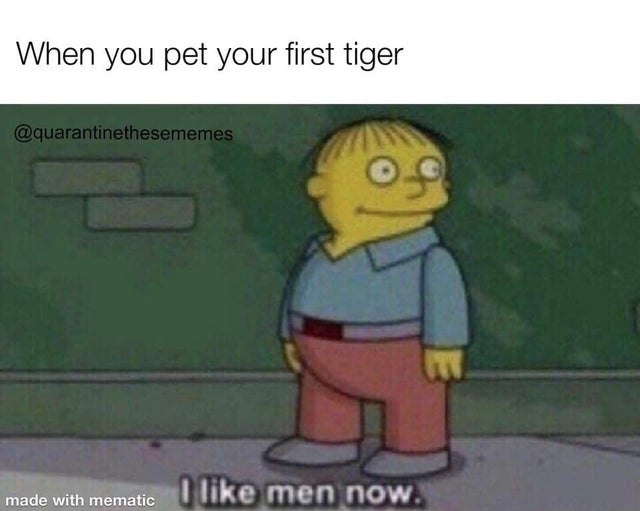 tiger king - like men now meme - When you pet your first tiger made with mematic I men now.