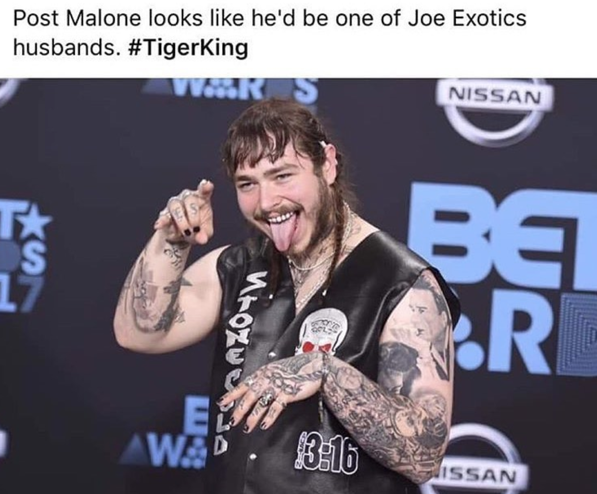 tiger king - post malone looks like the 1% of germs - Post Malone looks he'd be one of Joe Exotics husbands. Nissan Cream Wed. B16 Nissan