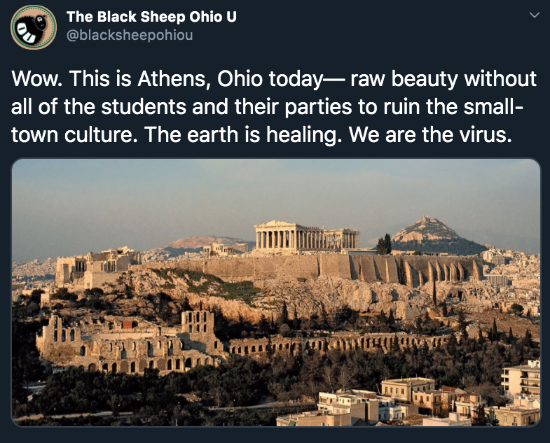 This is Athens, Ohio today raw beauty without all of the students and their parties to ruin the small town culture. The earth is healing. We are the virus.