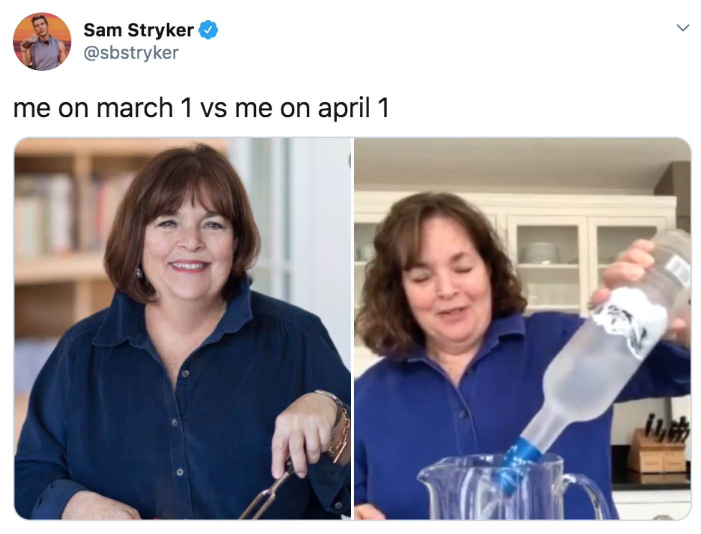 me on march 1 vs me on april 1 - ina garten