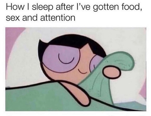 relatable sex meme of powerpuff girl sleeping with the text - How I sleep after I've gotten food, sex and attention