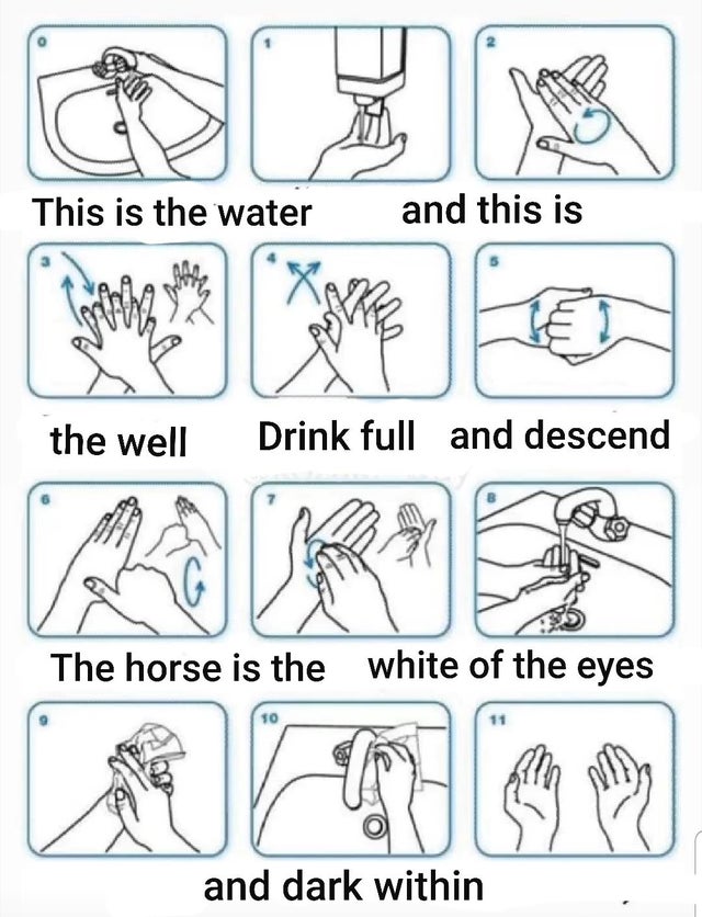 meme - dune hand washing - This is the water and this is the well Drink full and descend The horse is the white of the eyes and dark within