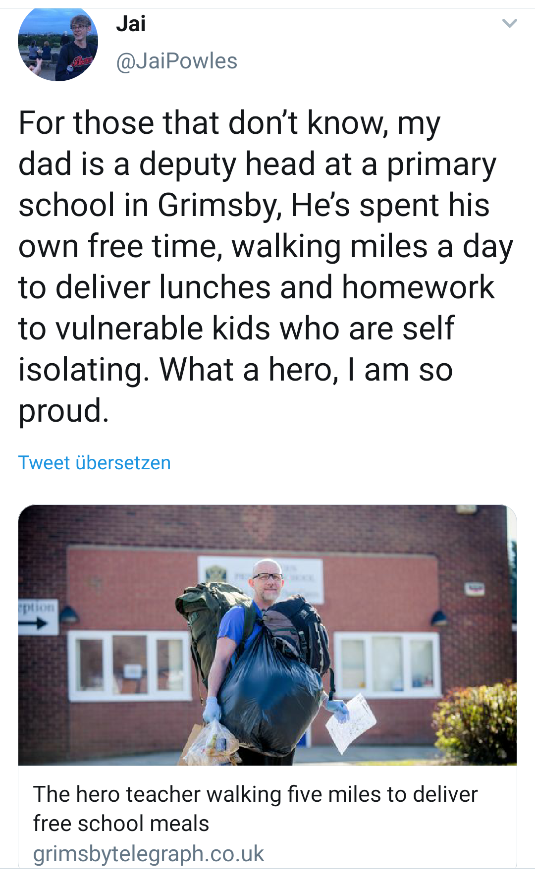 media - Jai For those that don't know, my dad is a deputy head at a primary school in Grimsby, He's spent his own free time, walking miles a day to deliver lunches and homework to vulnerable kids who are self isolating. What a hero, I am so proud. Tweet b