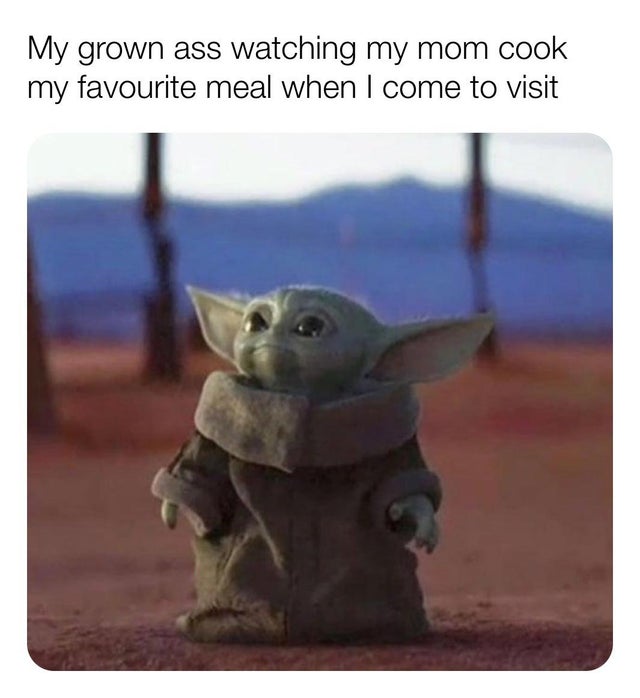 baby yoda girlfriend meme - My grown ass watching my mom cook my favourite meal when I come to visit