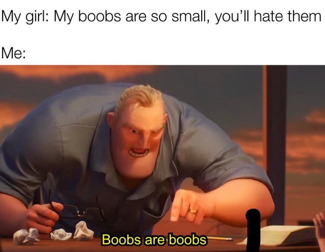 incredibles blank is blank meme - My girl My boobs are so small, you'll hate them Me Boobs are boobs
