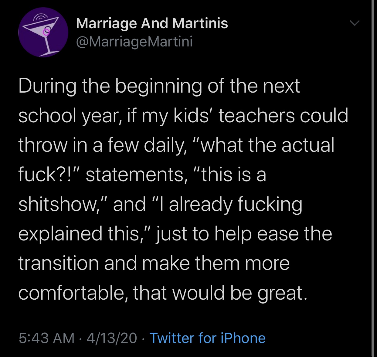 funny memes and tweets - Marriage And Martinis Martini During the beginning of the next school year, if my kids' teachers could throw in a few daily, "what the actual fuck?!" statements, "this is a shitshow," and "I already fucking explained this," just t