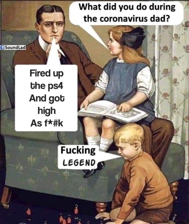 420 - weed - meme what did you do during coronavirus dad - What did you do during the coronavirus dad? f SoundLad Fired up the ps4 And got high As f Fucking Legend