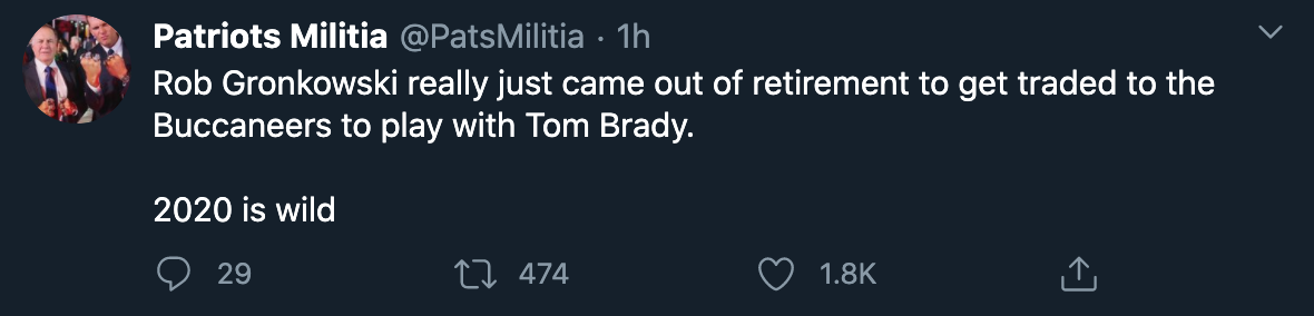 gronk meme - sky - Patriots Militia Militia 1h Rob Gronkowski really just came out of retirement to get traded to the Buccaneers to play with Tom Brady. 2020 is wild 29 22 474 I