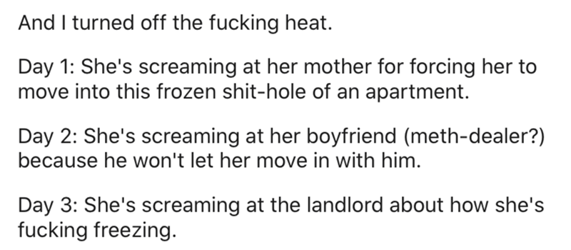 best poems ever made - And I turned off the fucking heat. Day 1 She's screaming at her mother for forcing her to move into this frozen shithole of an apartment. Day 2 She's screaming at her boyfriend methdealer? because he won't let her move in with him. 