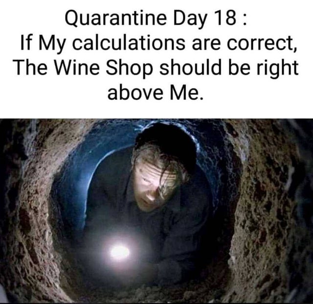 photo caption - Quarantine Day 18 If My calculations are correct, The Wine Shop should be right above Me.