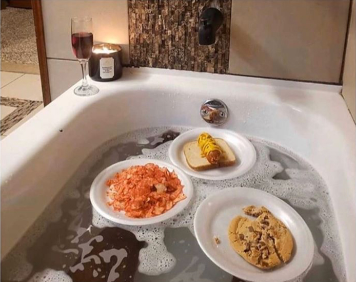 food floating in bathtub