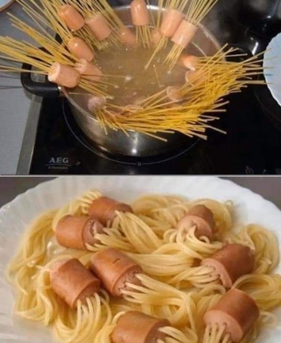 spaghetti inside hot dogs