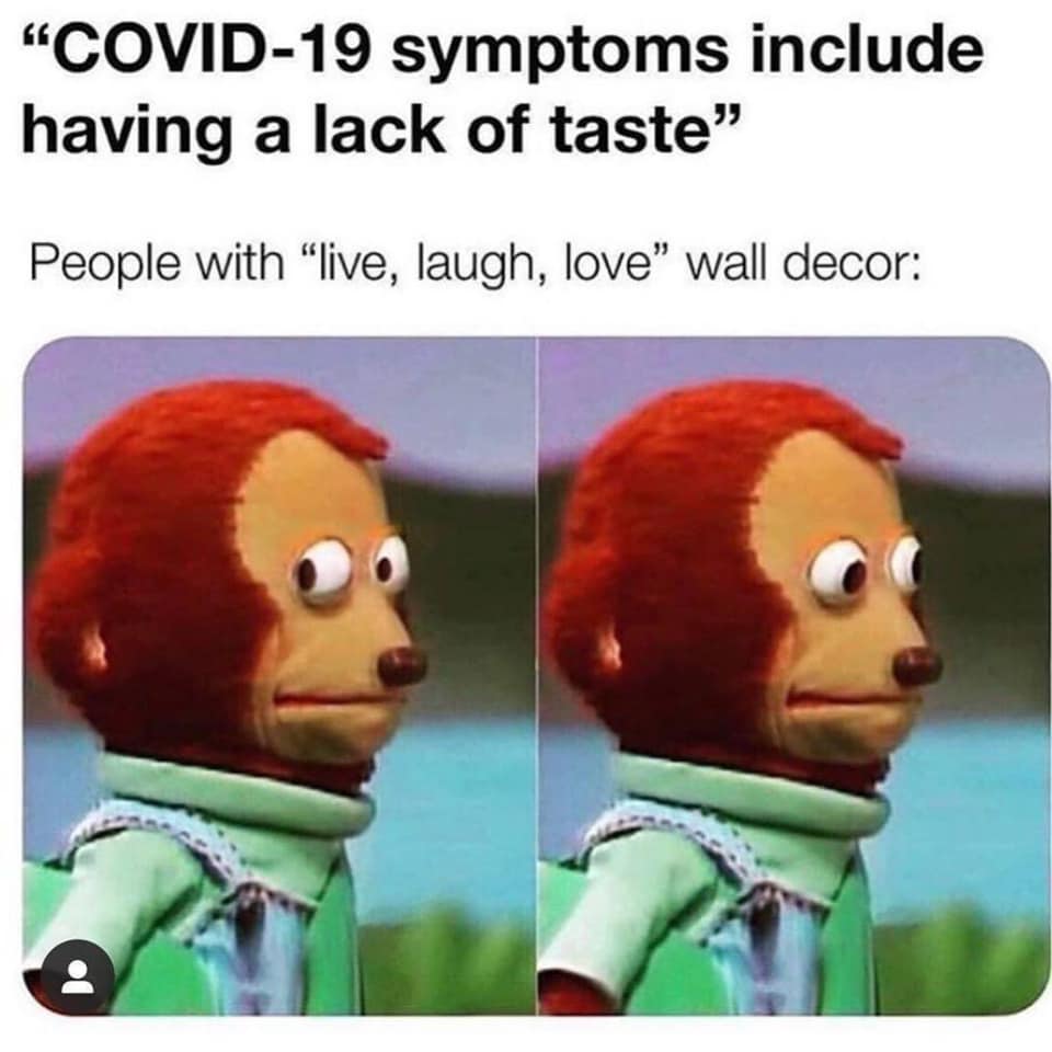 lack of taste meme - "Covid19 symptoms include having a lack of taste" People with live, laugh, love wall decor