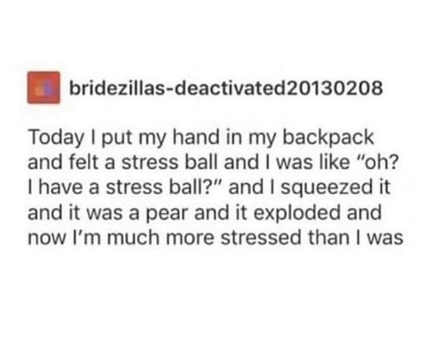 quotes on importance of namaz - bridezillasdeactivated20130208 Today I put my hand in my backpack and felt a stress ball and I was "oh? I have a stress ball?" and I squeezed it and it was a pear and it exploded and now I'm much more stressed than I was