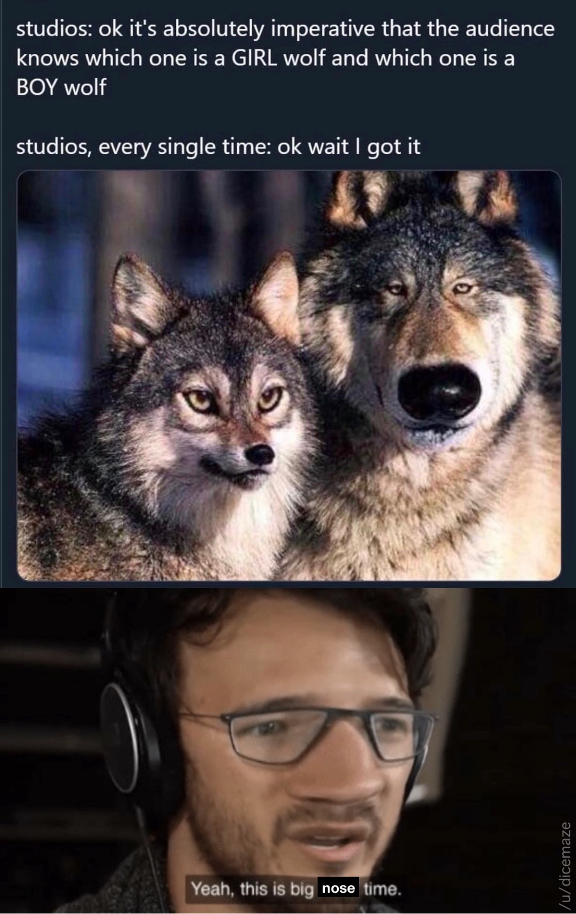 grey wolf male and female - studios ok it's absolutely imperative that the audience knows which one is a Girl Wolf and which one is a Boy wolf studios, every single time ok wait I got it Wocenate Yeah, this is big nose time.