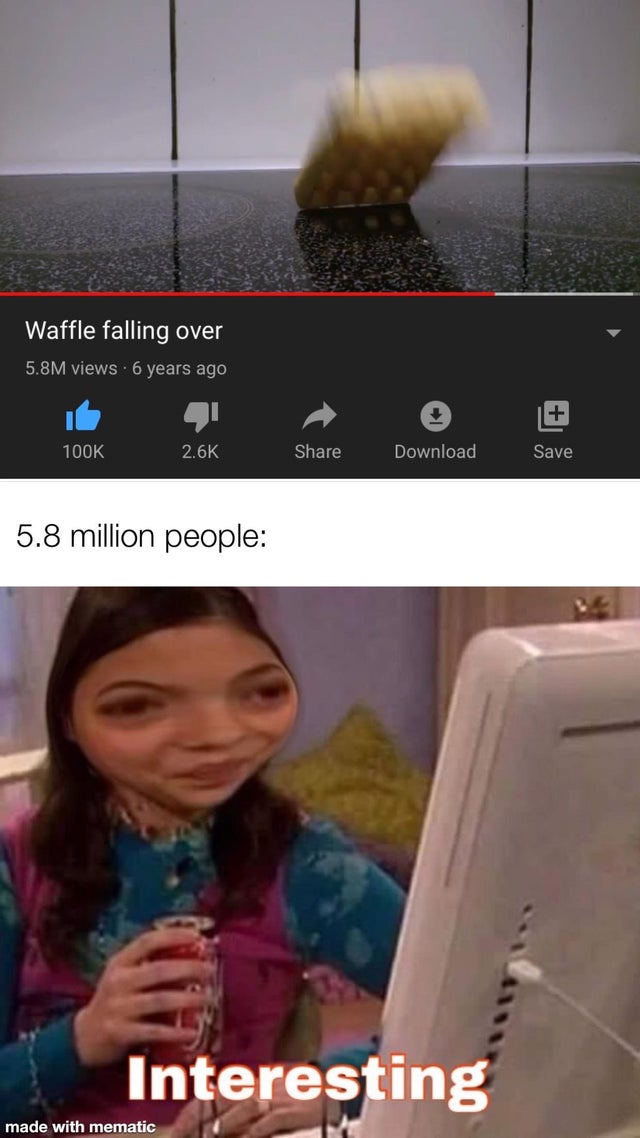 interesting meme - Waffle falling over 5.8M views 6 years ago Download Save 5.8 million people Interesting made with mematic