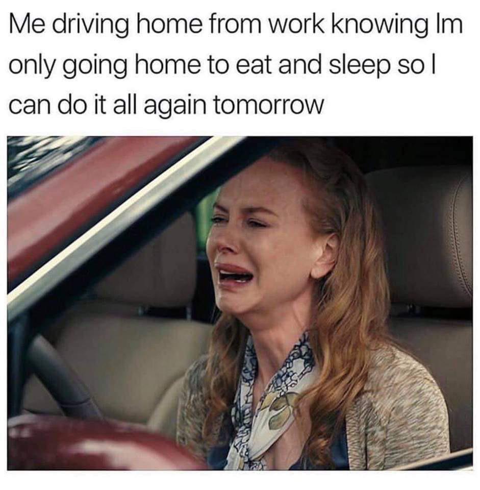 funny work memes 2020 - me driving home from work knowing Im only going home to eat and sleep so I can do it all again tomorow