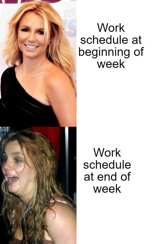 funny work memes 2020 - work schedule at beginning of week work schedule at end of week