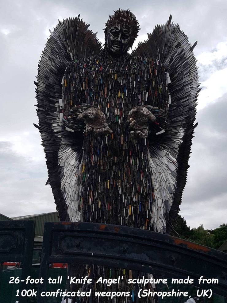 over 100000 confiscated weapons were used to create this 26ft tall knife angel statue - 26foot tall 'Knife Angel' sculpture made from confiscated weapons. Shropshire, Uk