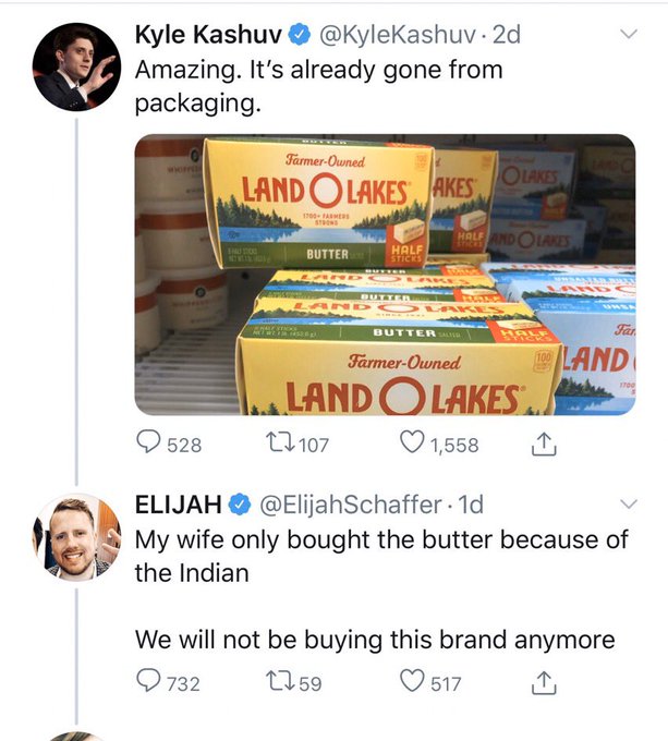 Kyle Kashuv . 2d Amazing. It's already gone from packaging. FarmerOwned Land O Lakes Akes Olakes Totes Hale And Olares Butter Hale Butter San FarmerOwned 100Land Land Olakes 27107 1,558 I 528 Elijah @ ElijahSchaffer 1d My wife only bought the butter…