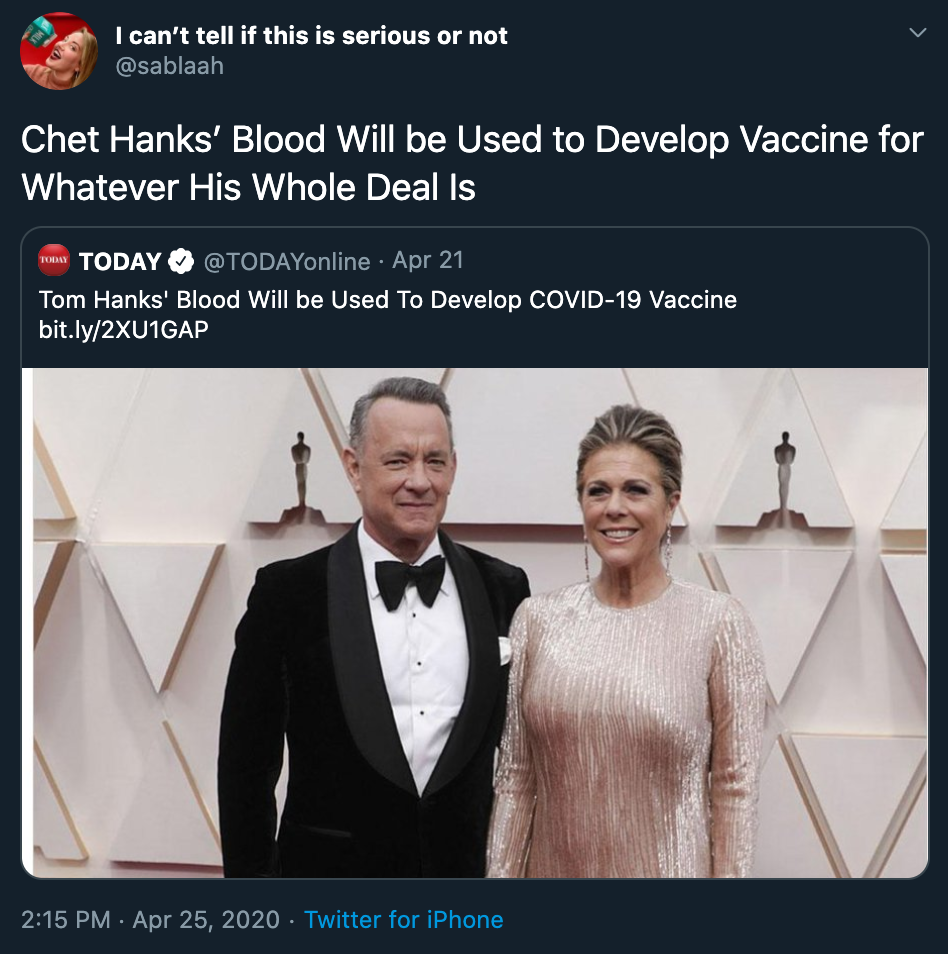 tom hanks blood meme - chet hanks' blood will be used to develop vaccine for whatever his whole deal is