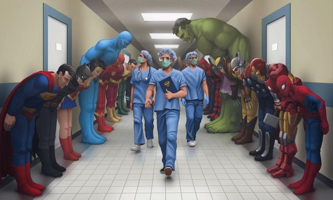 This original image of nurses and doctors walking past a hallway of other superheroes has inspired a new meme format. 