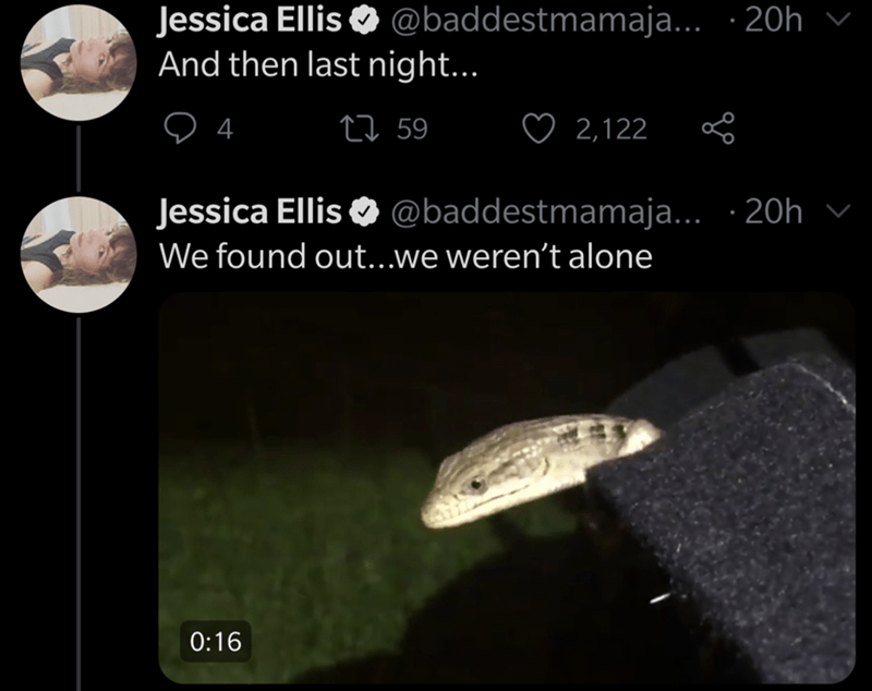 inabber eboys - Jessica Ellis ... .20h vi And then last night... 9 4 22 59 2,122 8 Jessica Ellis ... 20hv We found out...we weren't alone