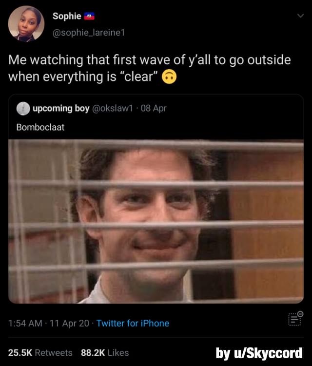 white people n word meme - Sophie Me watching that first wave of y'all to go outside when everything is "clear" upcoming boy . 08 Apr Bomboclaat 11 Apr 20 Twitter for iPhone by uSkyccord