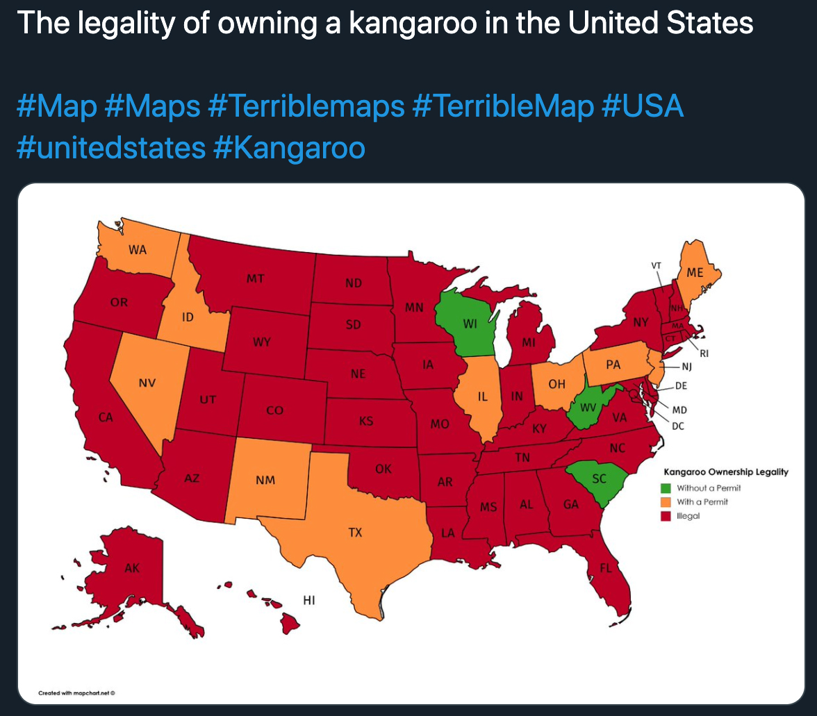 terrible map jokes - the legality of owning a kangaroo in the united states