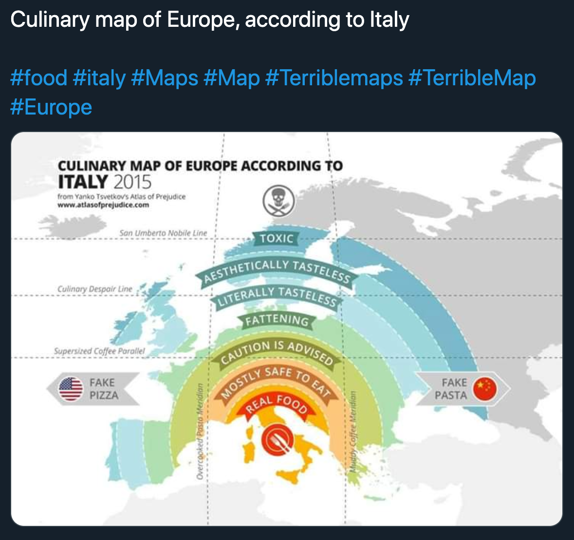 terrible map jokes - culinary map of europe according to italy