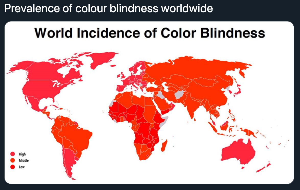 terrible map jokes - prevalence of color blindness worldwide