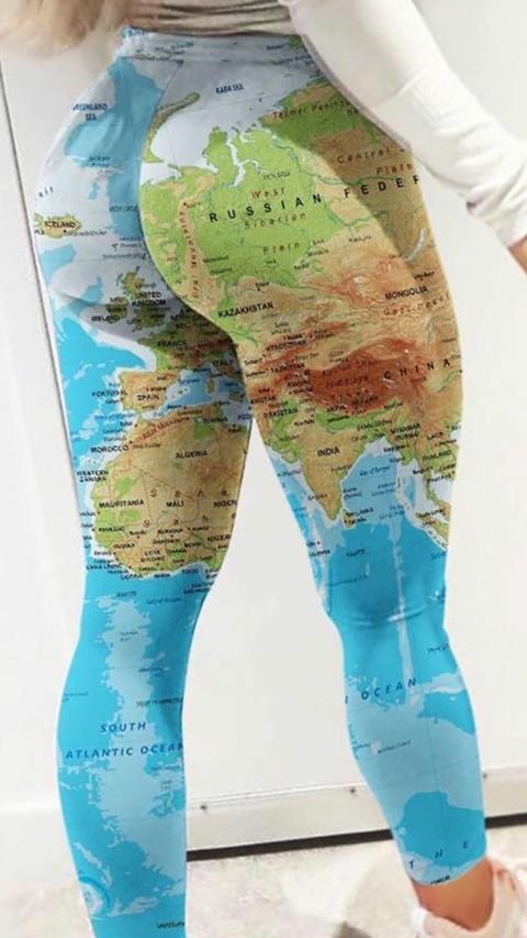 terrible map jokes - woman wearing world map leggings