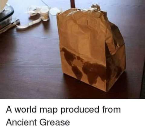 terrible map jokes - a world map produced from ancient grease